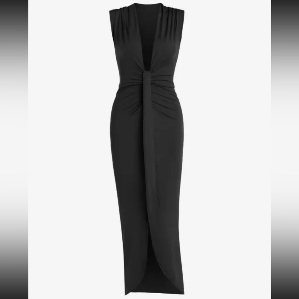 Plunging Neckline Slit Ruched Dress - BLACK